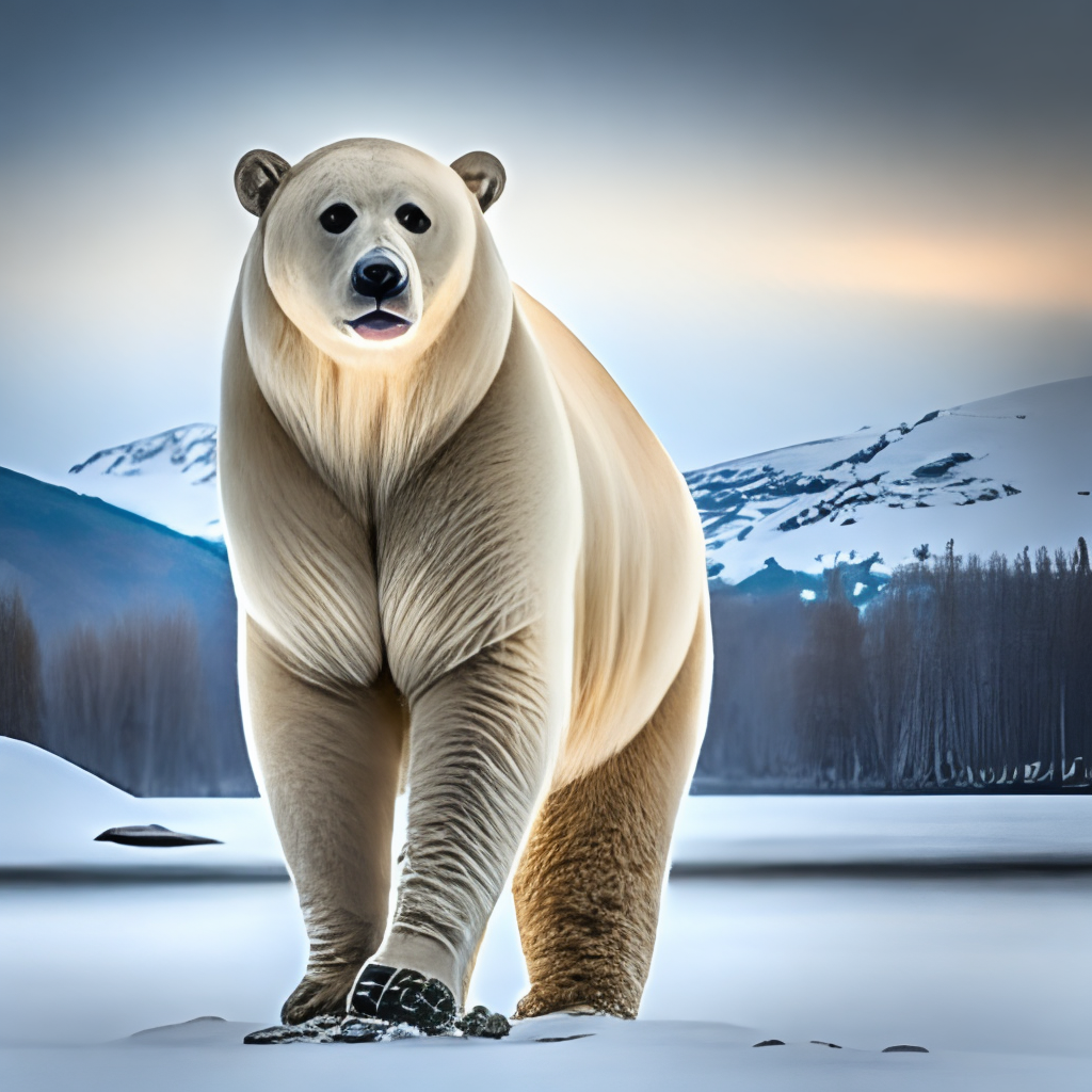 a polar bear standing in the snow with mountains in the background