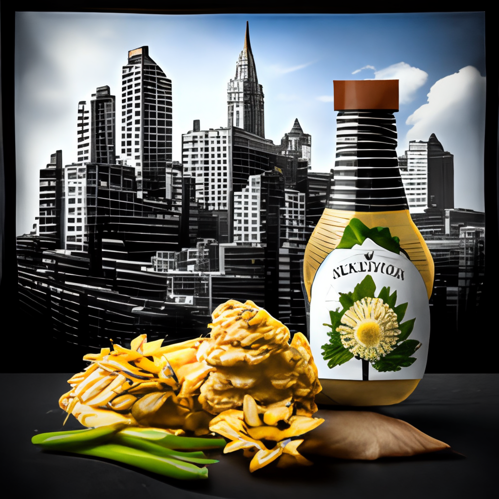 a black package of chips with drawn white flowers and an image of Jerusalem artichoke at the bottom of the package, a light background in a realistic style