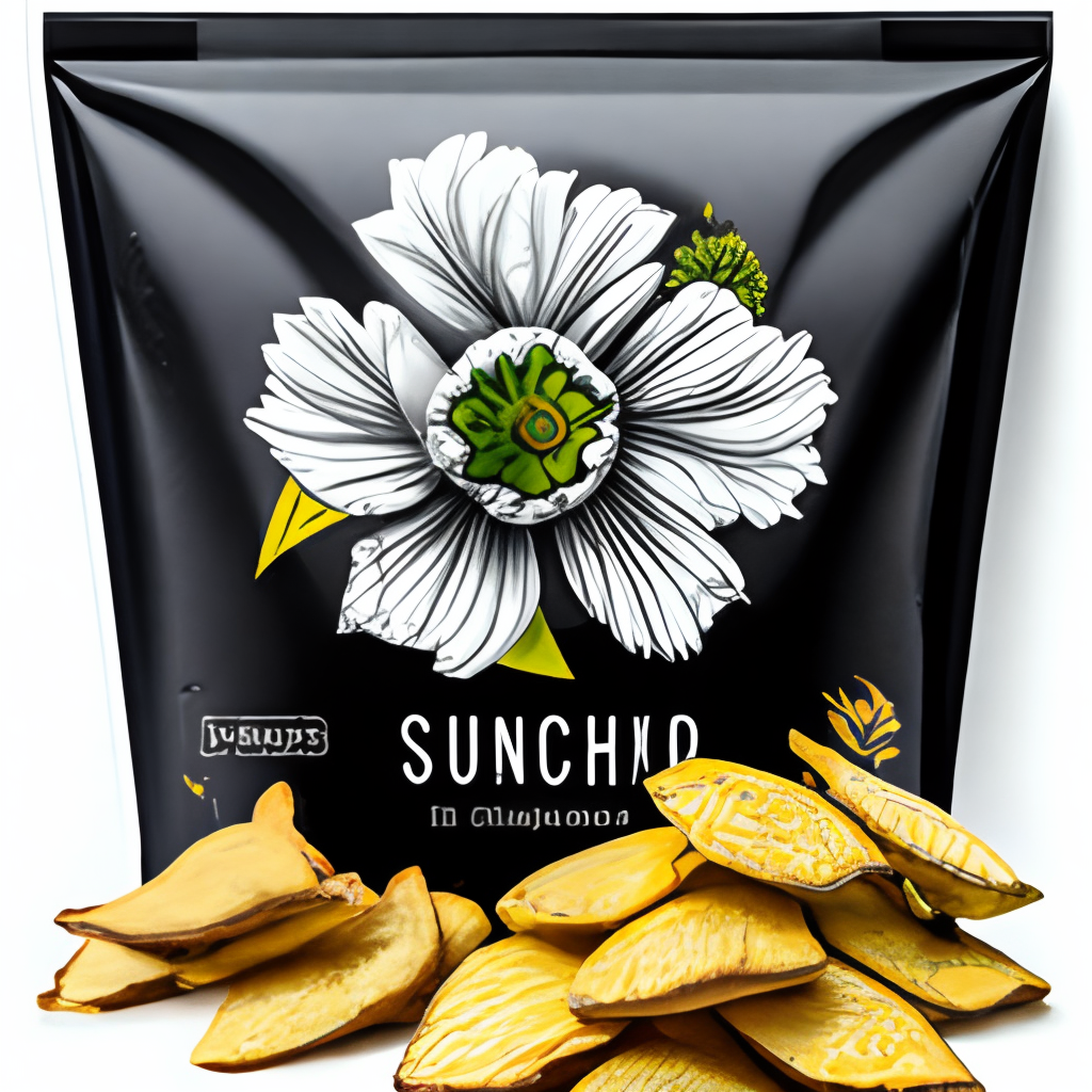 a black pack of chips with drawn white flowers and an image of sunchoke at the bottom of the package