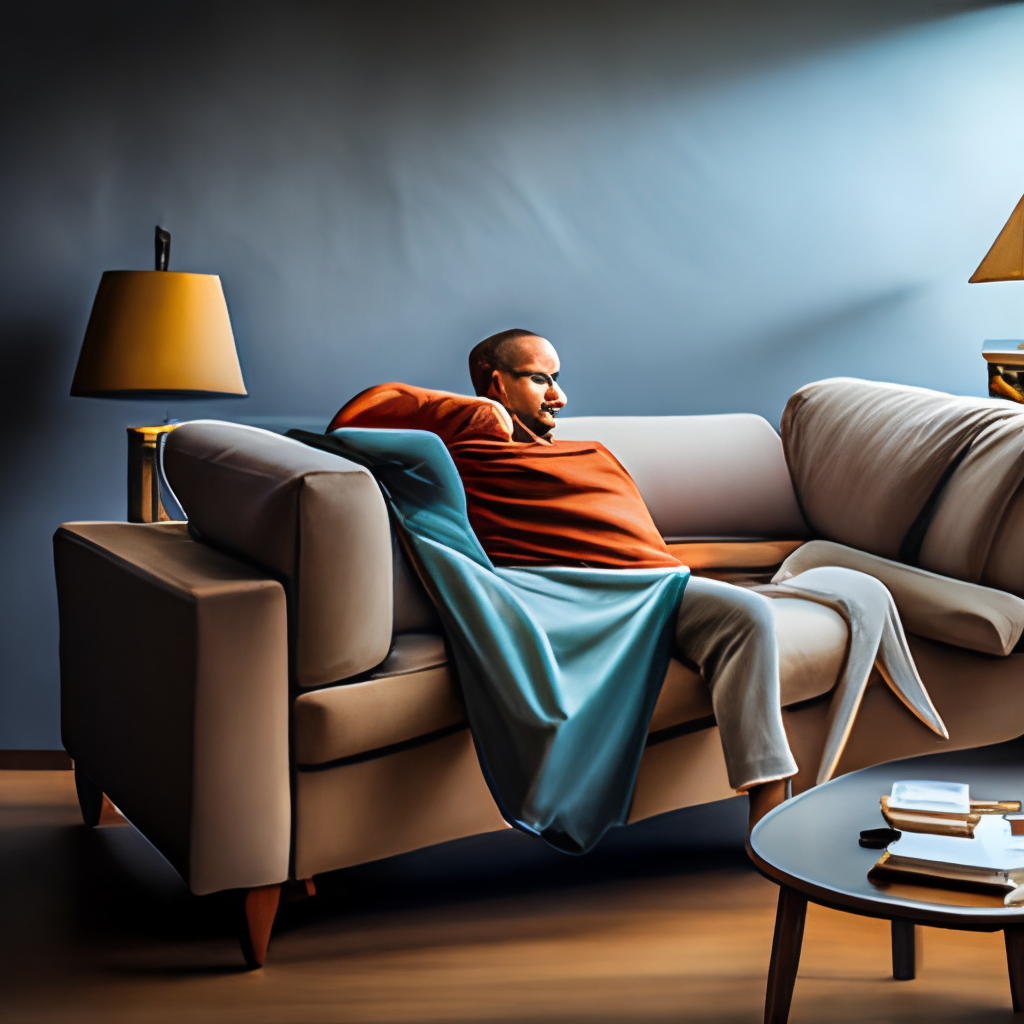 an academic sprawled out on a couch, reading a textbook with a cup of coffee nearby