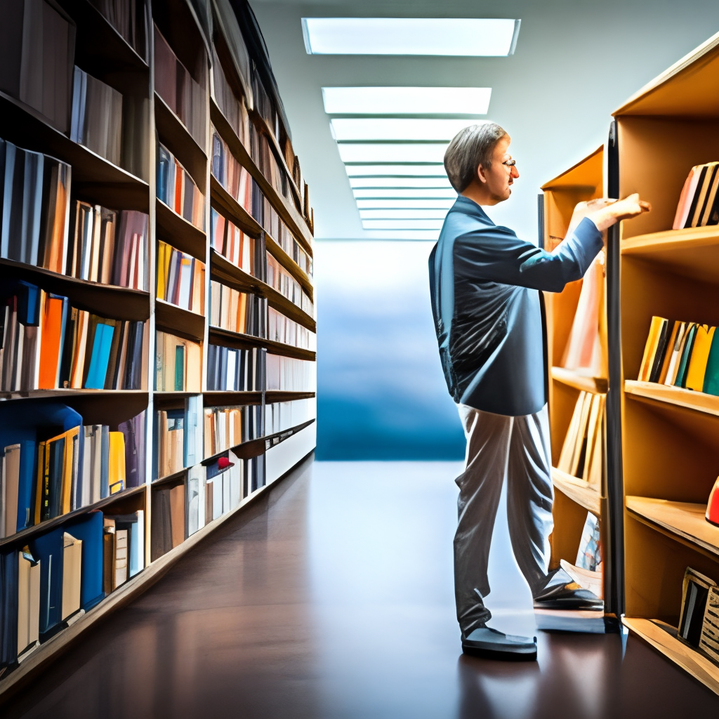 an academic standing at a bookshelf, pulling out a textbook and flipping through the pages