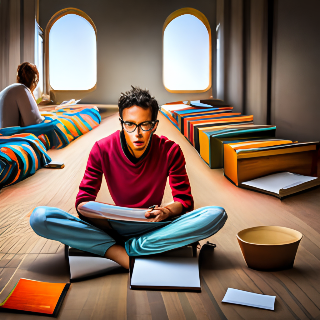 an academic sitting cross-legged on the floor, surrounded by textbooks and taking notes