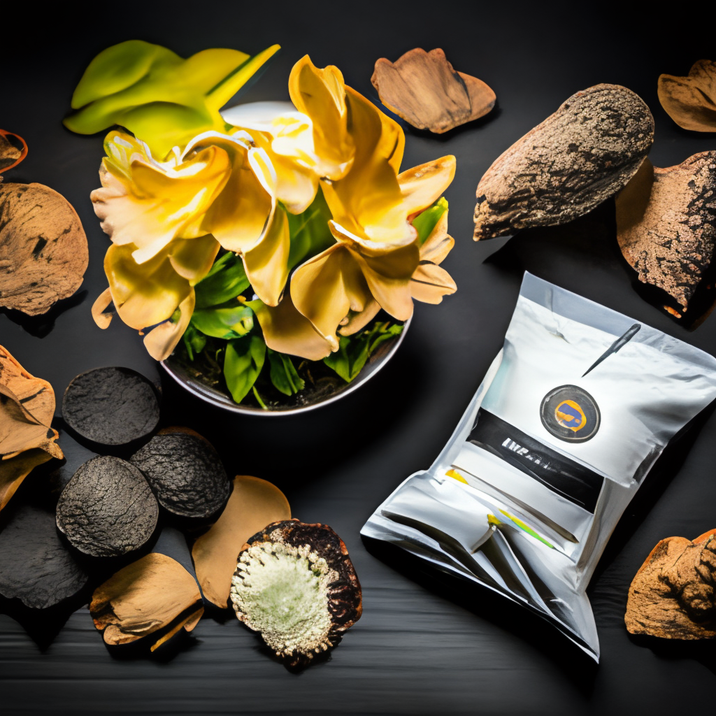 a large black package of chips with white flowers and an sunchoke on the bottom