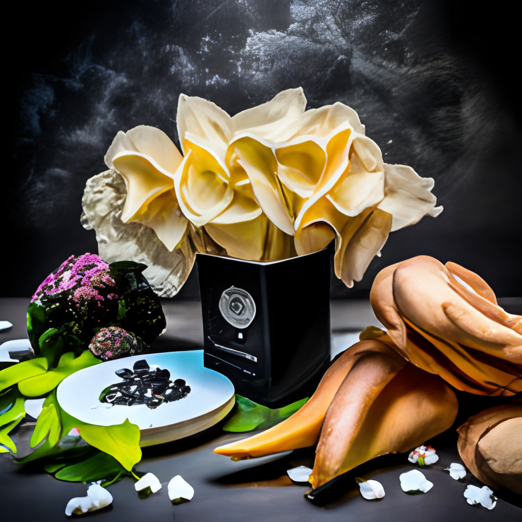 a large black package of chips with white flowers and an sunchoke on the bottom
