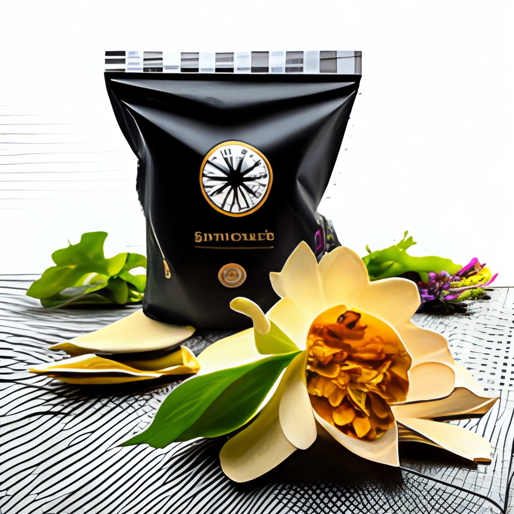 a large black package of chips with white flowers and an sunchoke on it the bottom