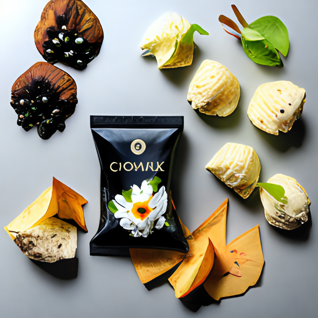 a black package of chips with white flowers and sunchoke painted on it