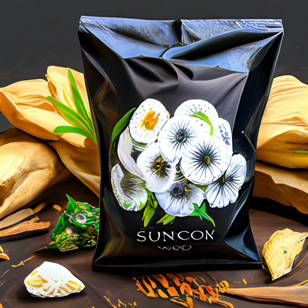 a black packet of crisps with white flowers and sunchoke painted on it