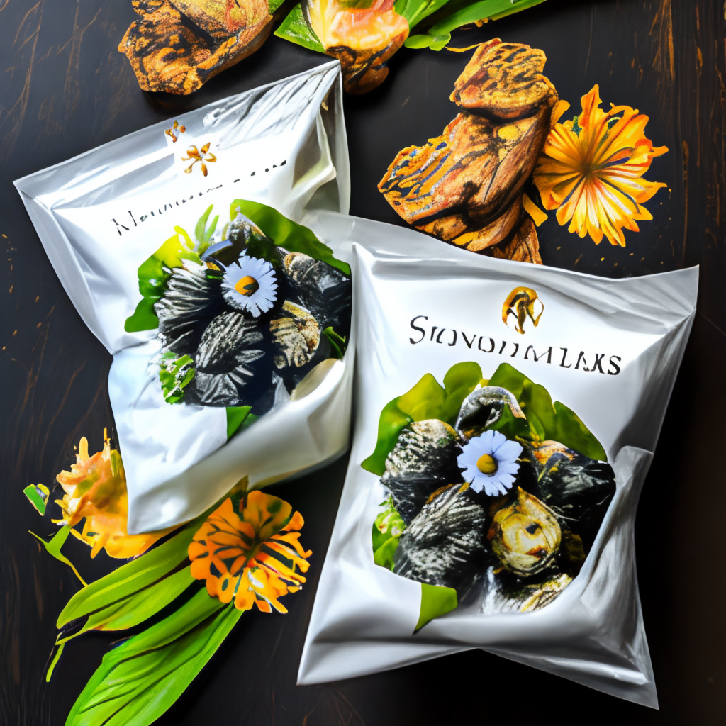 a black packet of crisps with white flowers and sunchoke painted on it