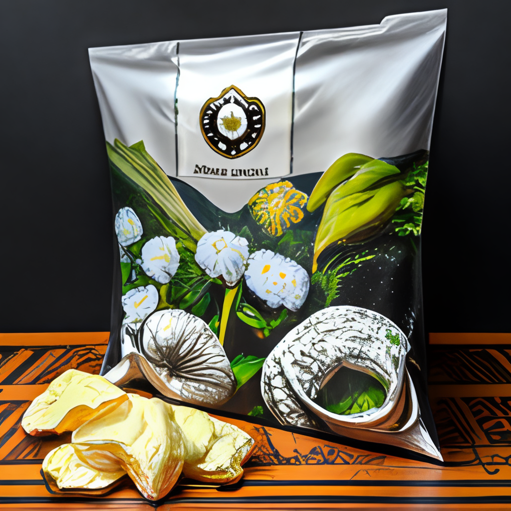a black packet of crisps with white flowers and sunchoke painted on it
