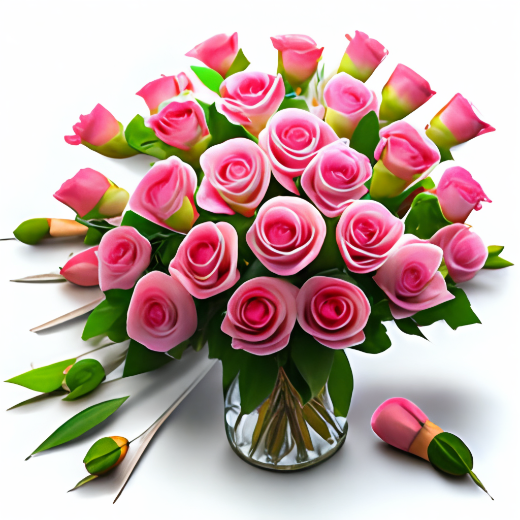 two dozen pink roses arranged in a bouquet, with a white background