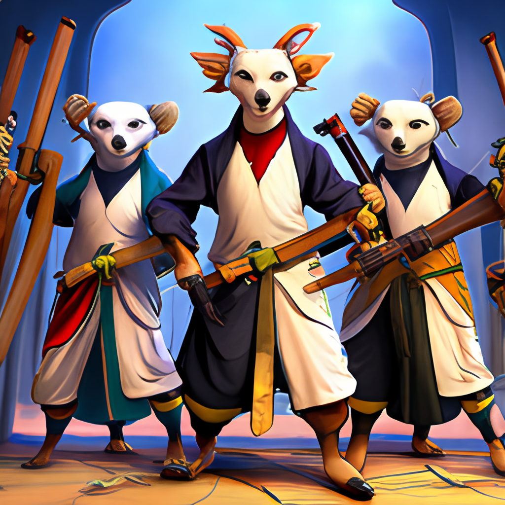 four anthropomorphic ferrets in Japanese martial arts clothing, standing in a line with weapons in their hands