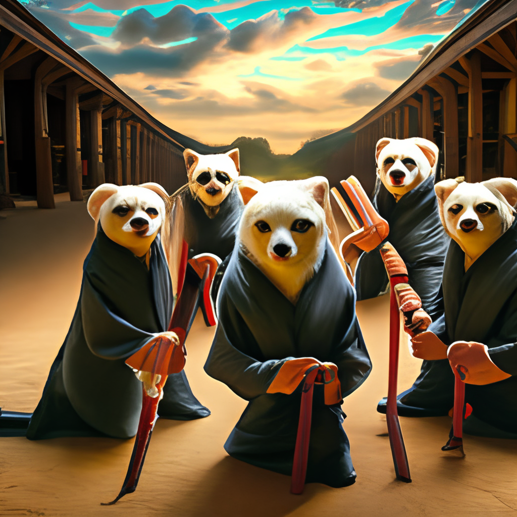 a group of four ferrets in Japanese martial arts clothing, standing in a circle with their weapons at the ready