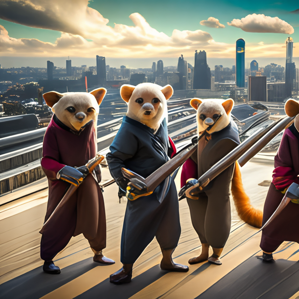 four ferrets in Japanese martial arts clothing, standing in a line with their weapons at the ready, with a city skyline in the background