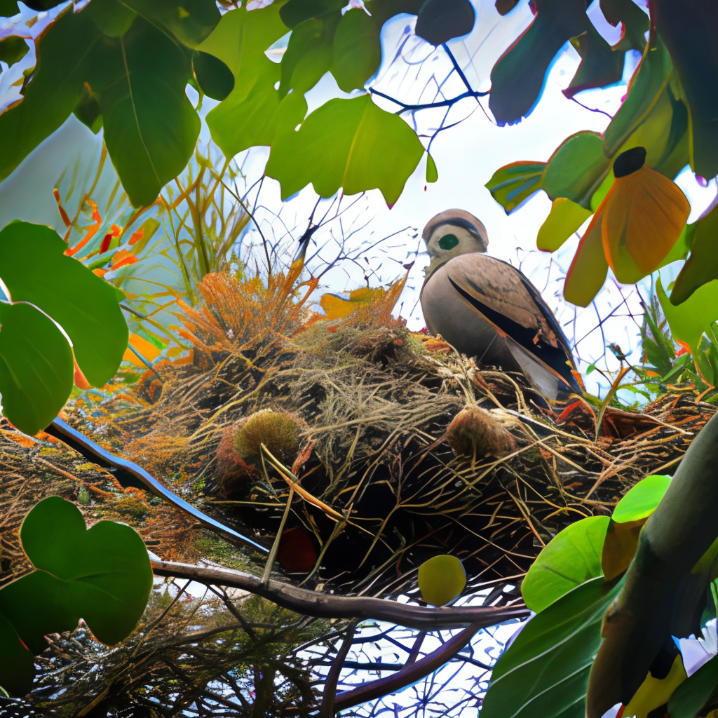 a hawk perched in its nest, surrounded by twigs and leaves