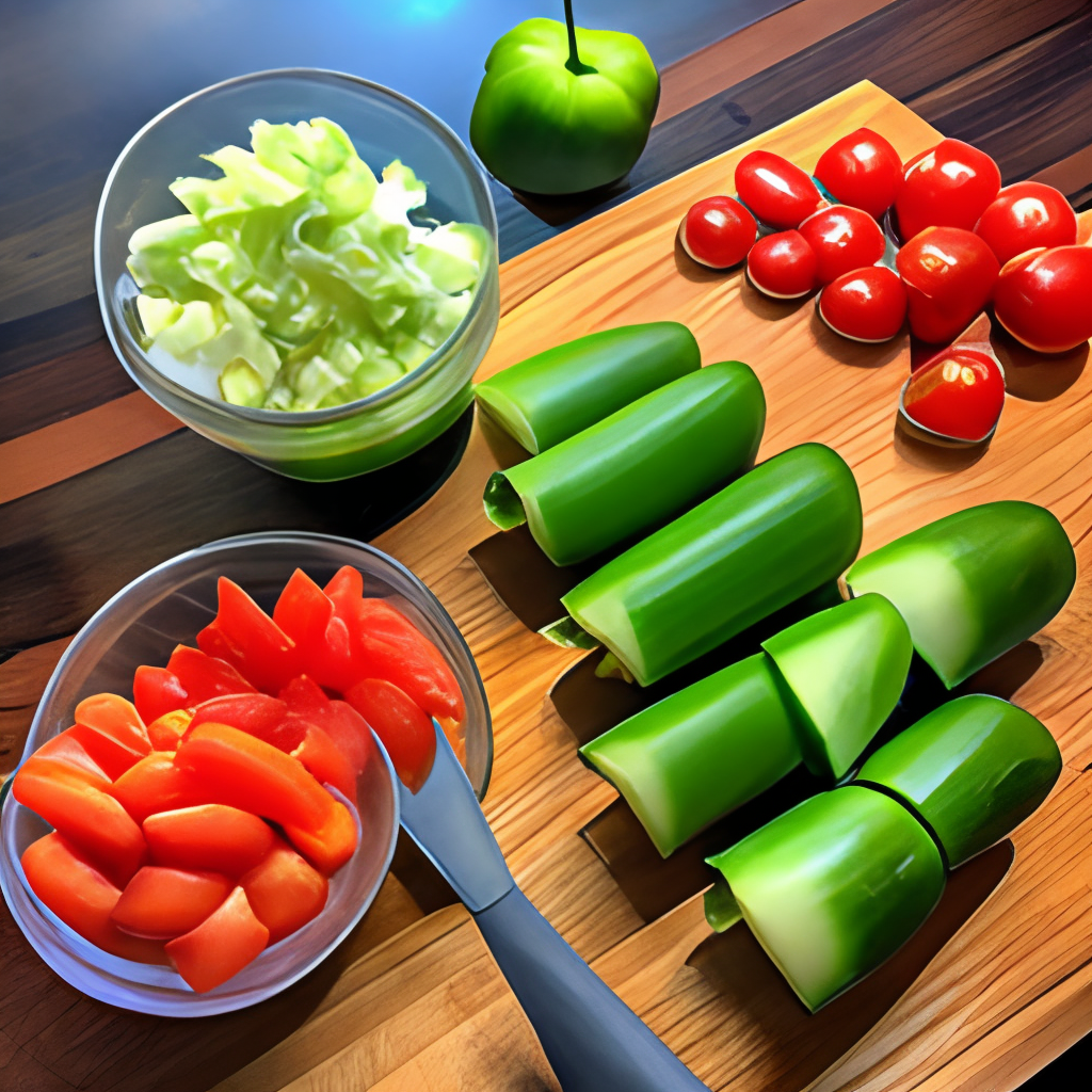 Chop tomatoes, cucumber, and bell pepper