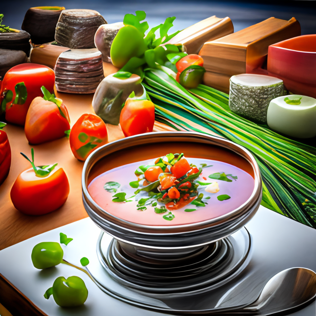 Gazpacho soup with garnishes on top in a beautiful bowl