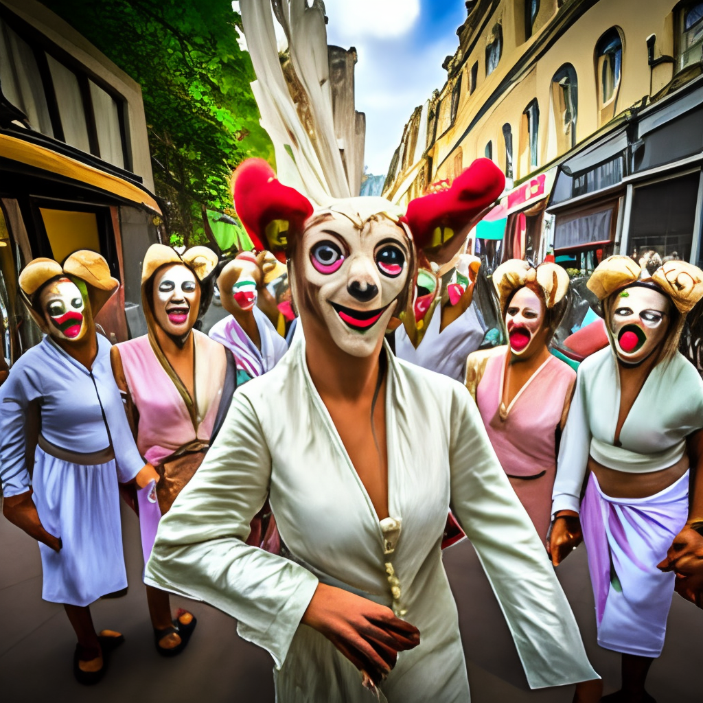 a group of woman with animal heads dancing on the street