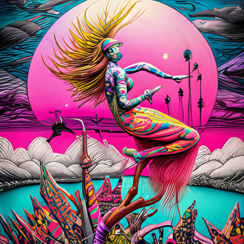 extremely detailed contour line art pen and ink with vivid watercolor and neon liquid metallic pink highlights by Tristan Eaton and Frank Frazzetta and Ashley Wood::2.2 full body shot from below of a beautiful woodland goddess as she flies high above on the back of a beautiful pink flamingo with her long hair flowing in the wind across a full moon, they are among a flock of beautiful pink flamingos flying across the night sky::2.5 full bright moon, a million stars, below there are many layers of trees including cascades of 🌸 trees heavy with pink and white blossoms, cherry blossom petals float through the air like snow, rim lighting, cinematic lighting, atmospheric lighting::2 fine art on paper that fills the artboard, ultra-detailed, ultra-photorealistic::2 text, title, word, phrase, font, letters, names, slogan, motto. desk, frame, matting, pencils, pens, brushes, hands, signature, watermark, artists mark ::-.5
