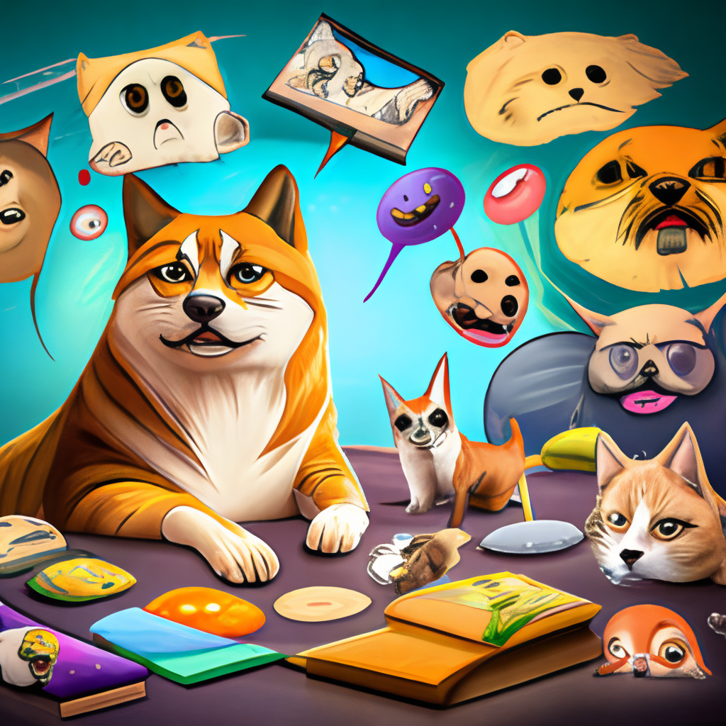 A cartoon or illustrated character surrounded by different types of memes, such as a dog with a speech bubble filled with "doge" memes or a cat with a "grumpy cat" expression surrounded by other popular cat memes.