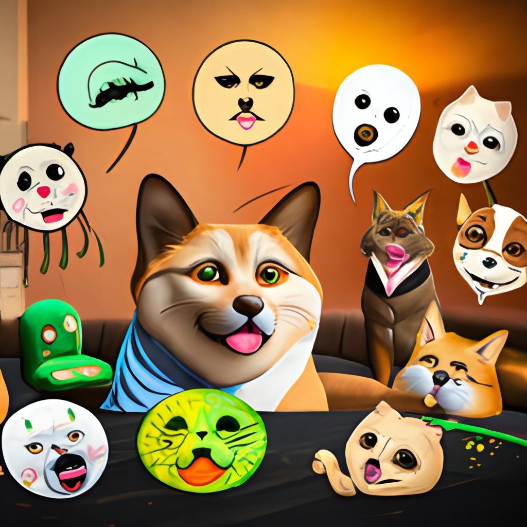 A cartoon or illustrated character surrounded by different types of memes, such as a dog with a speech bubble filled with "doge" memes or a cat with a "grumpy cat" expression surrounded by other popular cat memes.