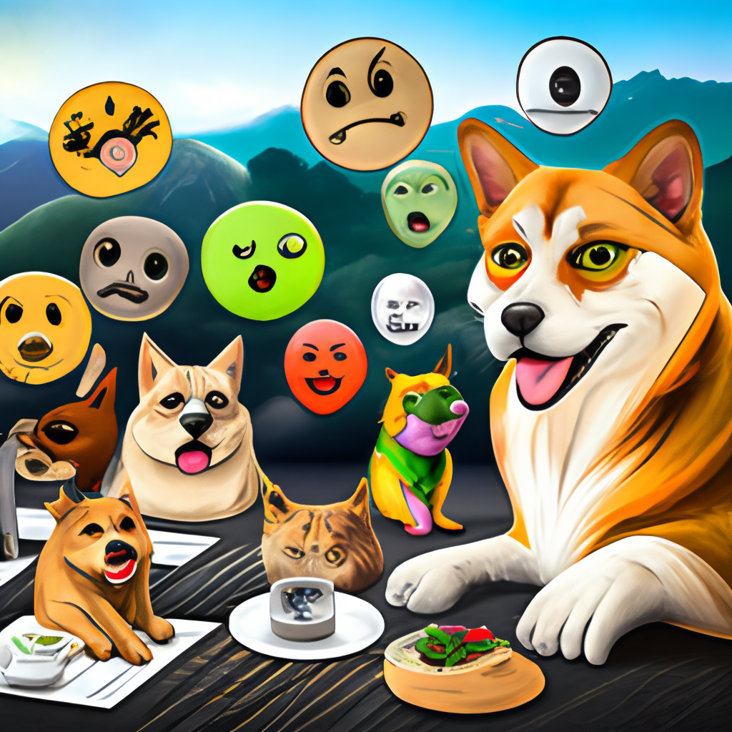 A cartoon or illustrated character surrounded by different types of memes, such as a dog with a speech bubble filled with "doge" memes or a cat with a "grumpy cat" expression surrounded by other popular cat memes.