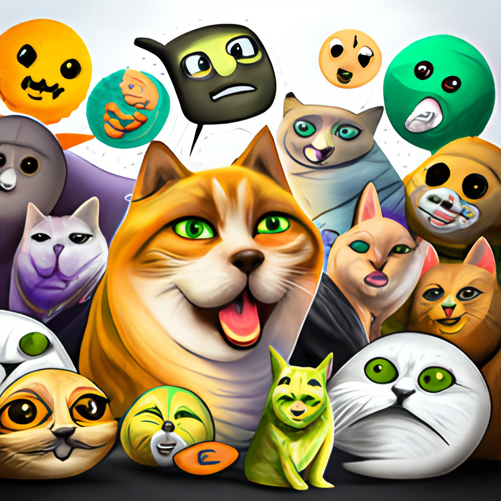 A cartoon or illustrated character surrounded by different types of memes, such as a dog with a speech bubble filled with "doge" memes or a cat with a "grumpy cat" expression surrounded by other popular cat memes.