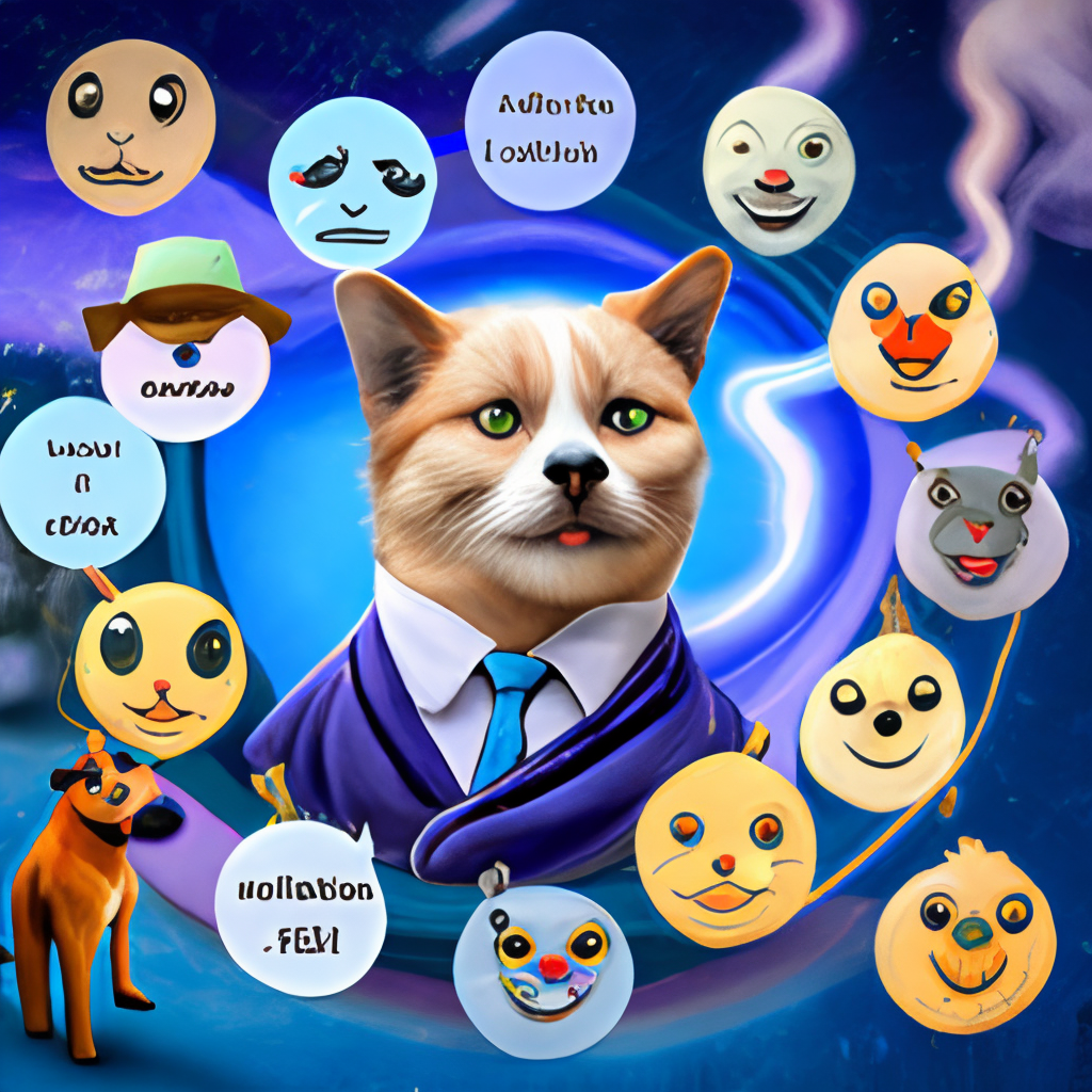 A cartoon or illustrated character surrounded by different types of memes, such as a dog with a speech bubble filled with "doge" memes or a cat with a "grumpy cat" expression surrounded by other popular cat memes.