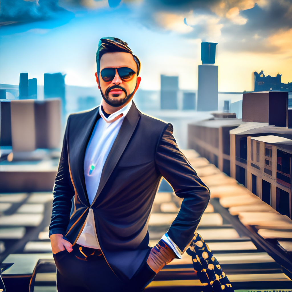 a cool cat wearing a black suit and sunglasses, standing in front of a city skyline