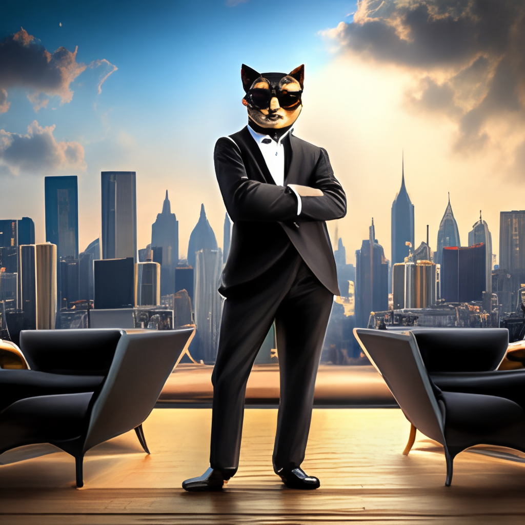 a cool cat wearing a black suit and sunglasses, standing in front of a city skyline