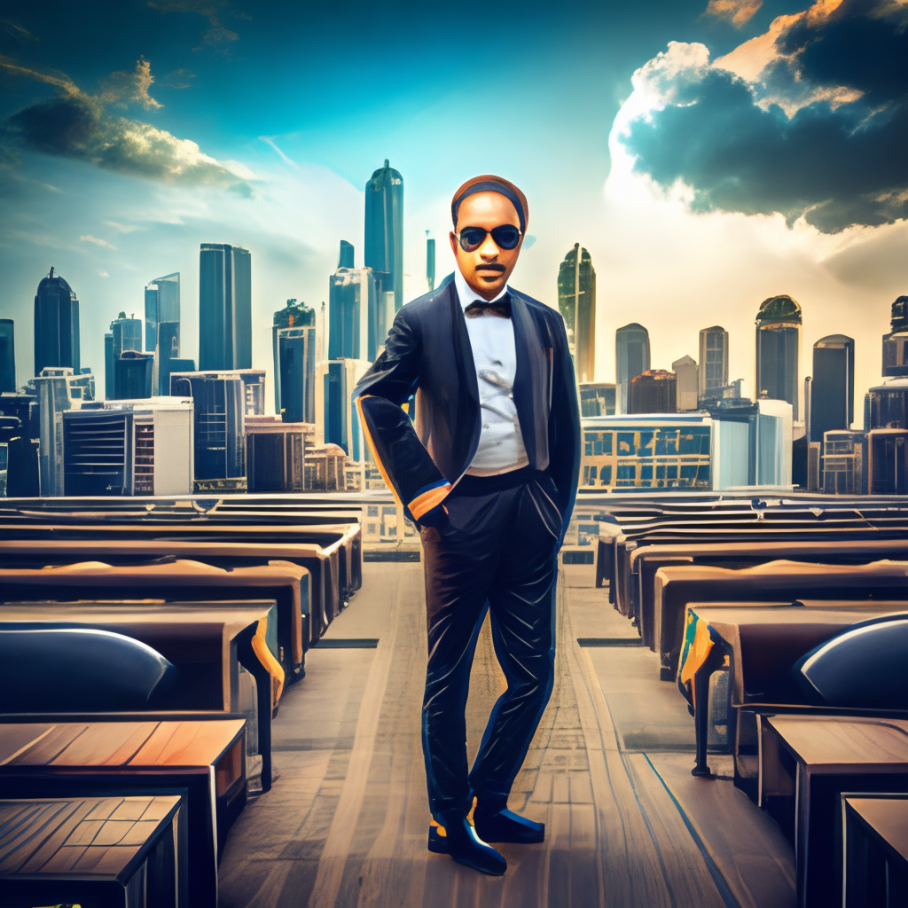 a cool cat wearing a black suit and sunglasses, standing in front of a city skyline