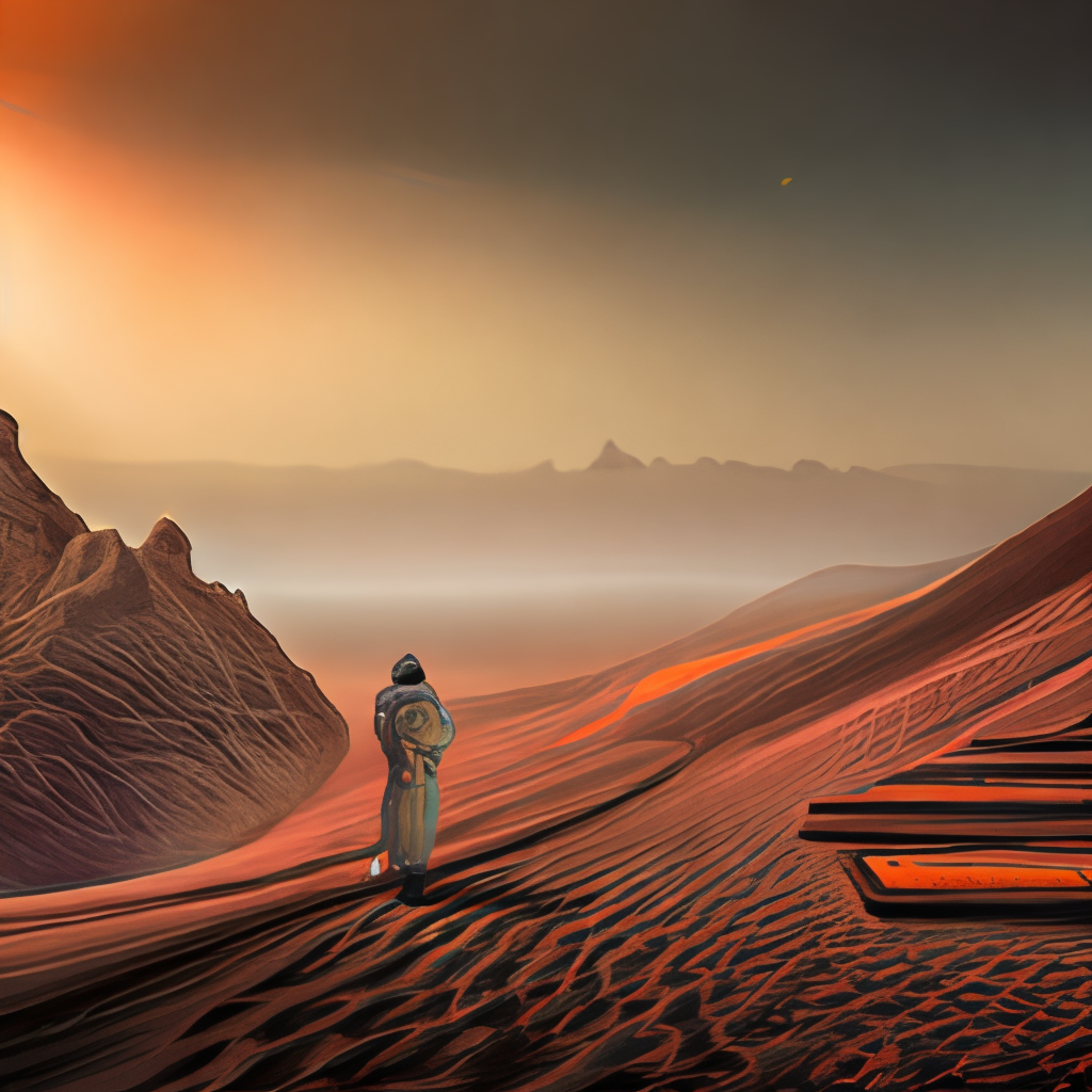 A lone astronaut stood on the barren, dusty surface of a distant planet. The red sun in the sky cast an eerie glow over the landscape, highlighting jagged rocks and craters that pockmarked the surface. The astronaut's suit glinted in the light as they gazed out at the alien horizon, wondering what mysteries lay beyond. In the distance, a towering mountain range loomed, shrouded in a mist that seemed to shift and swirl of its own accord. The astronaut couldn't shake the feeling that they were being watched, that some unseen intelligence was observing their every move. But they pressed on, driven by the desire to explore and discover, to uncover the secrets of this strange new world.