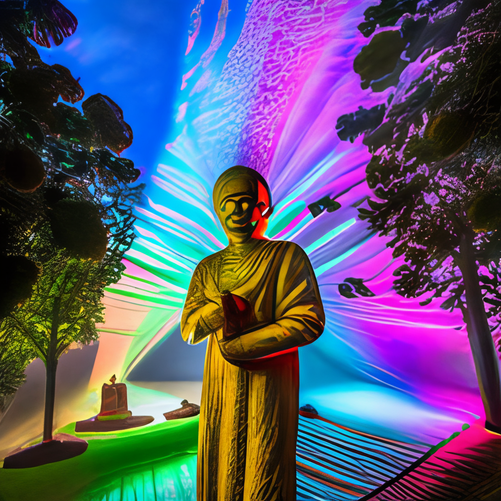 Turn it into an image of Buddha reaching enlightenment under a tree, in high quality, with vibrant colors and lots of detail.