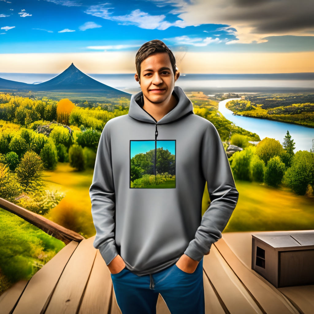 Hoodie mock up with village background
