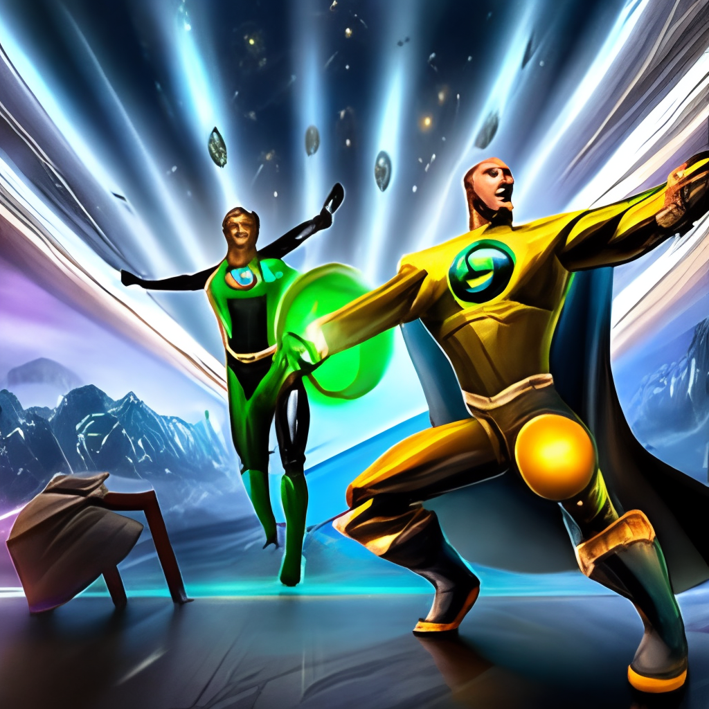 Green Lantern fighting in space with Black Adam, comic style, planets on the background, dramatic, dark lighting, HQ