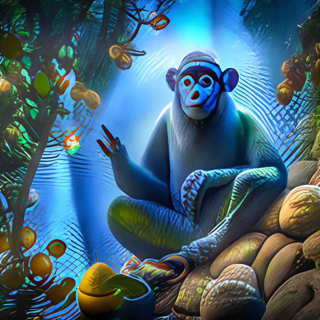 A blue shamanic wise ape is talking in the jungle, indigo, bright light, cinematic 