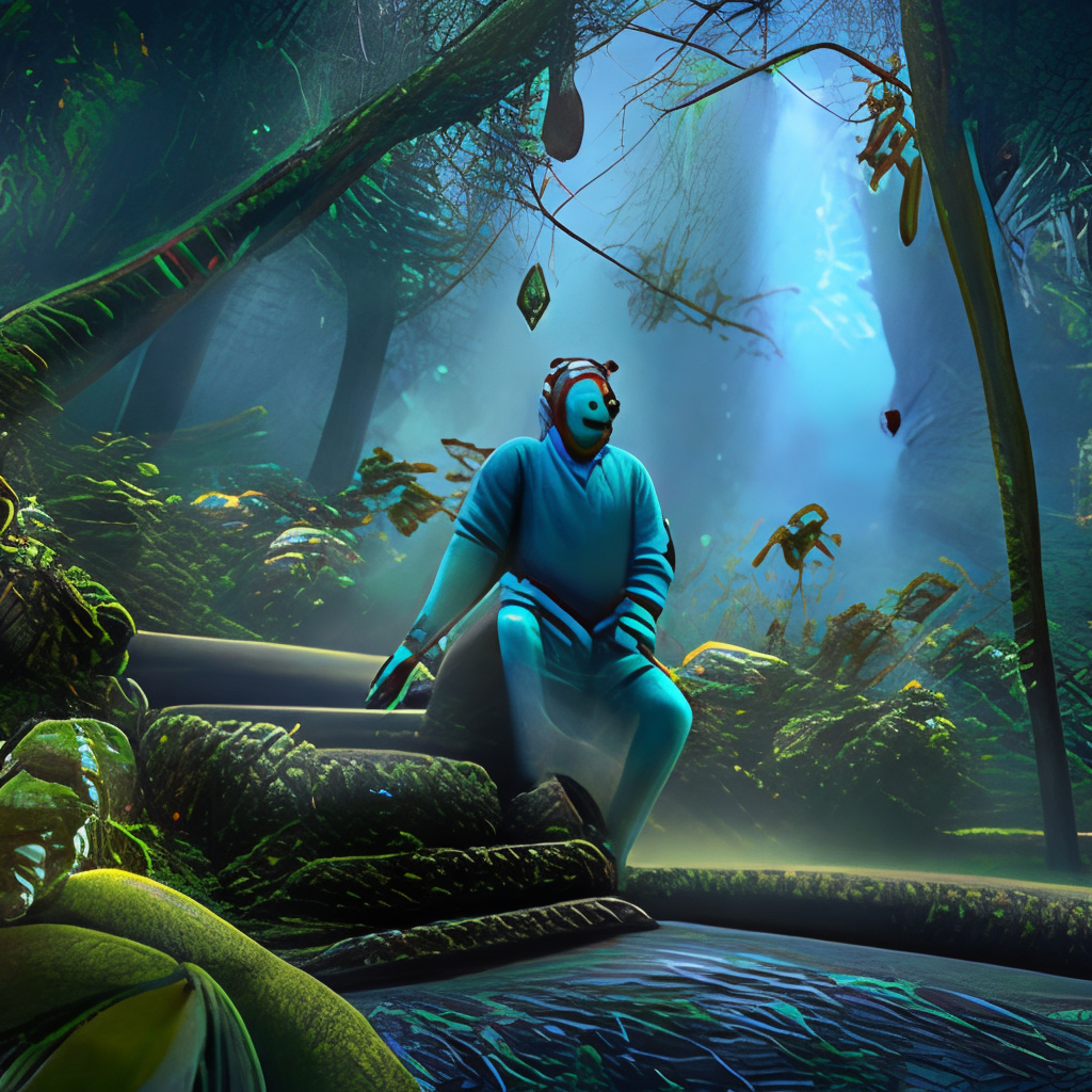 An insanely detailed blue shamanic wise ape is talking in the jungle, indigo, bright light, cinematic 