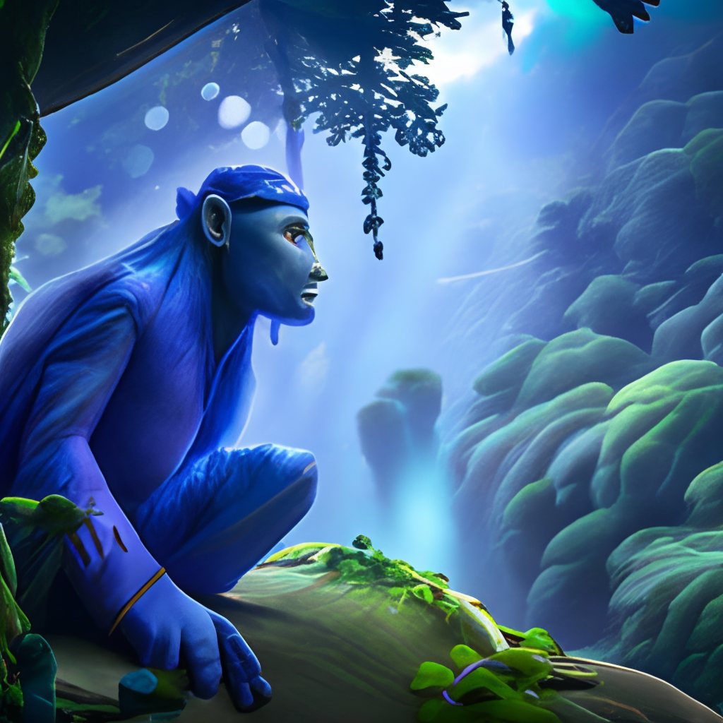 An insanely detailed blue shamanic wise ape is talking in the jungle, indigo, bright light, cinematic, close shot