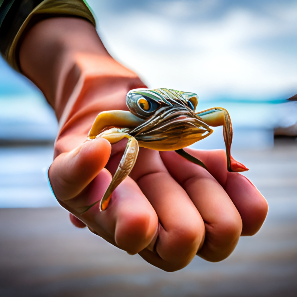 A person is holding a crab in their hand