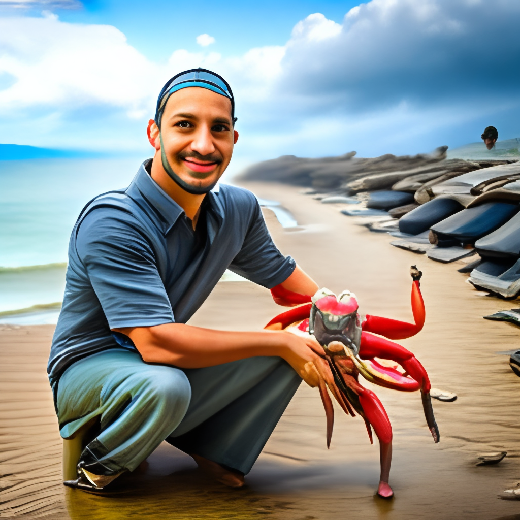 A man near a crab 