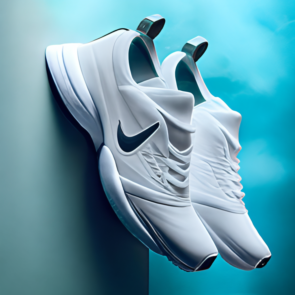 a pair of white Nike Air shoes with a sleek and modern design, featuring the iconic Nike swoosh logo on the side