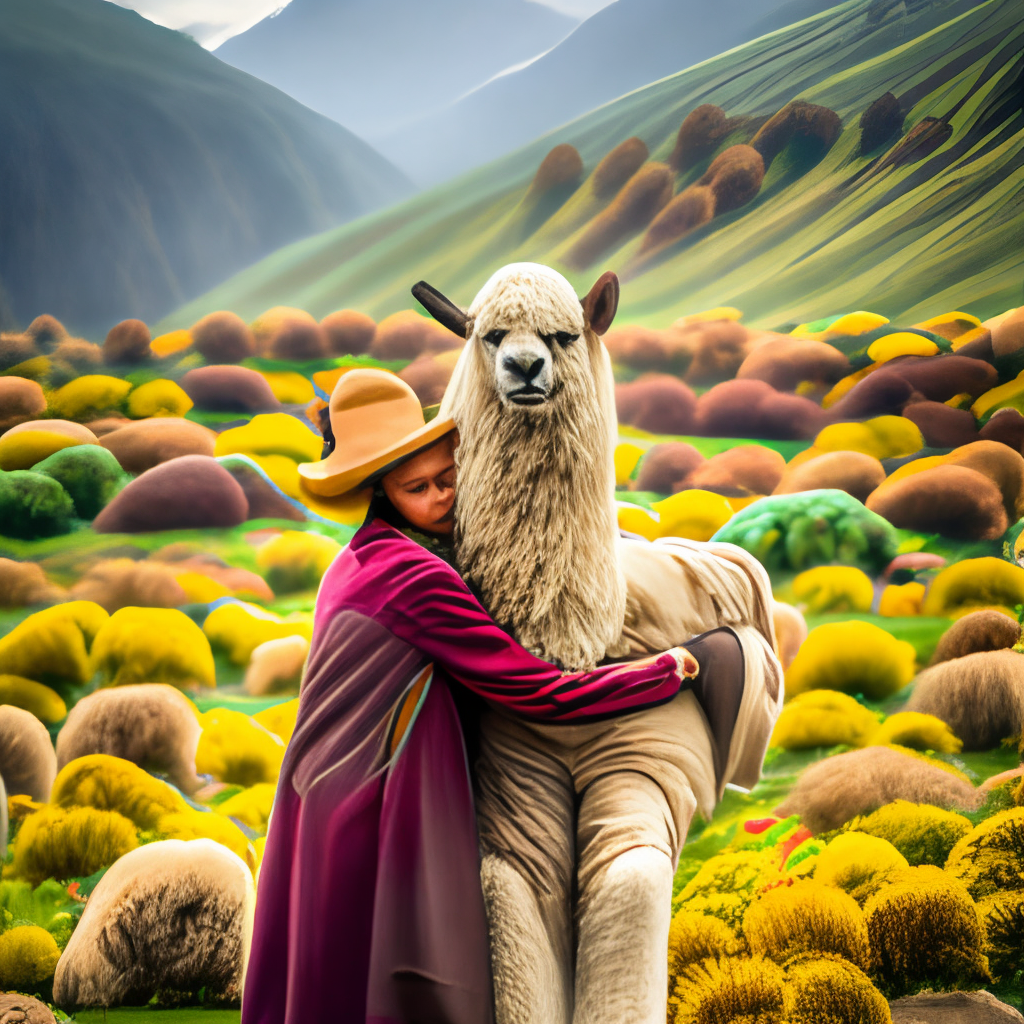 a person embracing a fluffy llama in a field of wildflowers