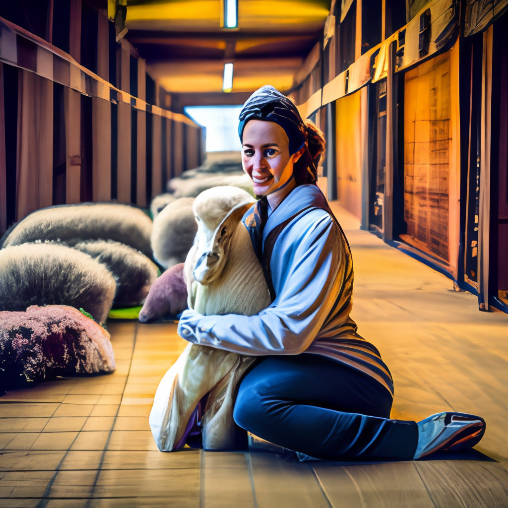 a person cuddling a baby llama in a cozy barn