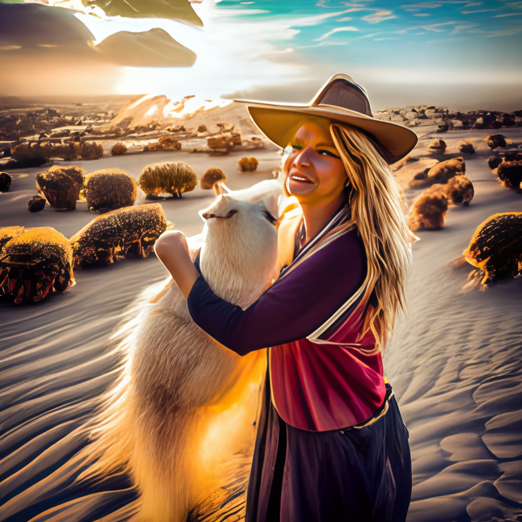 a person hugging a llama in a desert oasis at sunset
