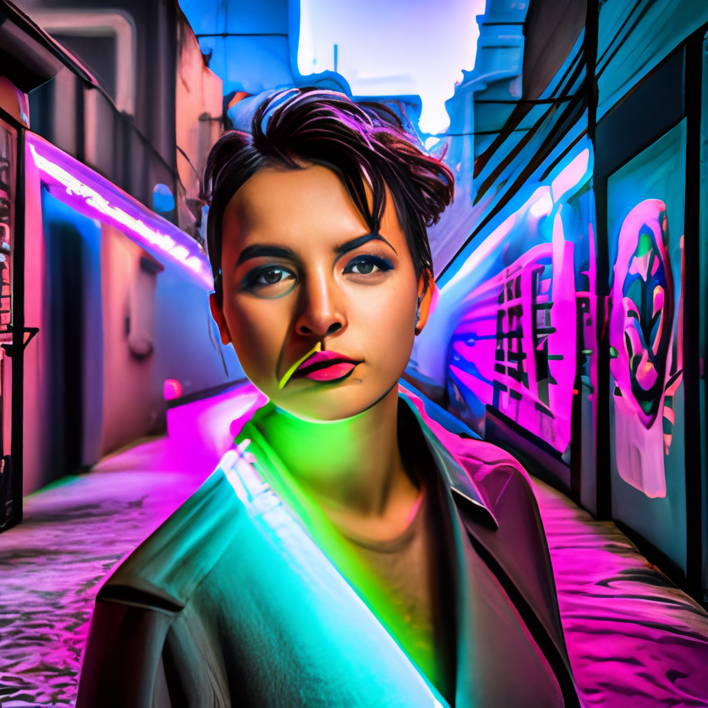 woman with short messy black hair, golden eyes, a square jaw, freckles, 20 years old, wearing streetwear clothes, standing in an alley with neon signs, blue and pink neon lighting
