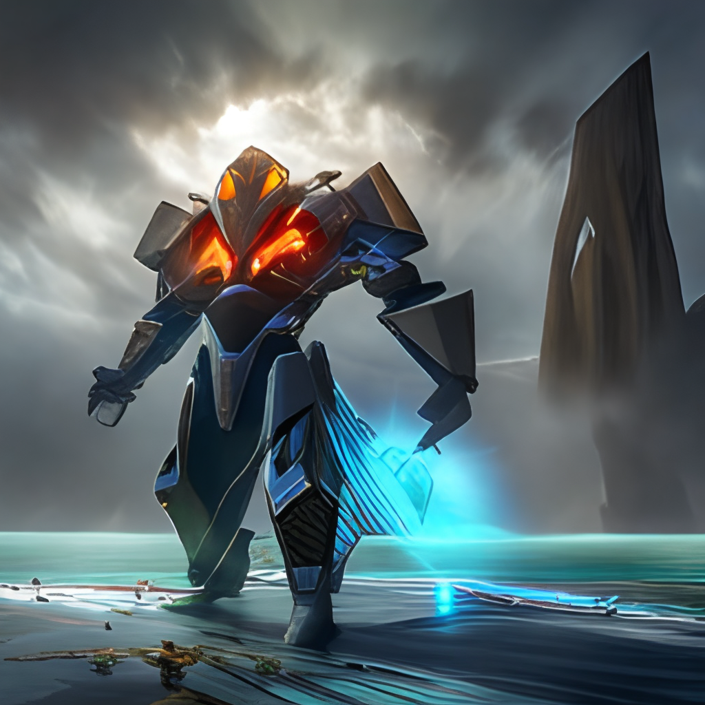 **Close up low viewing angle, a Pacific Rim mecha wielding a light glowing sword, blue, Rectangular head, Hale style, Standing in the sea, big waves crashing , a huge glowing circle of light behind him, glowing eyes, ring energy glowing device, arcane energy, arcane design armor, orange, VFX, octane render, unreal engine 5, Diffraction Grading, Ray Tracing Reflections, high contrast, Rembrandt Lighting, ultra detailed, photo realistic, afrofuturism, 8k --ar 9:16 --quality 2.0 --v 5** - <@854241352090255380> (fast)