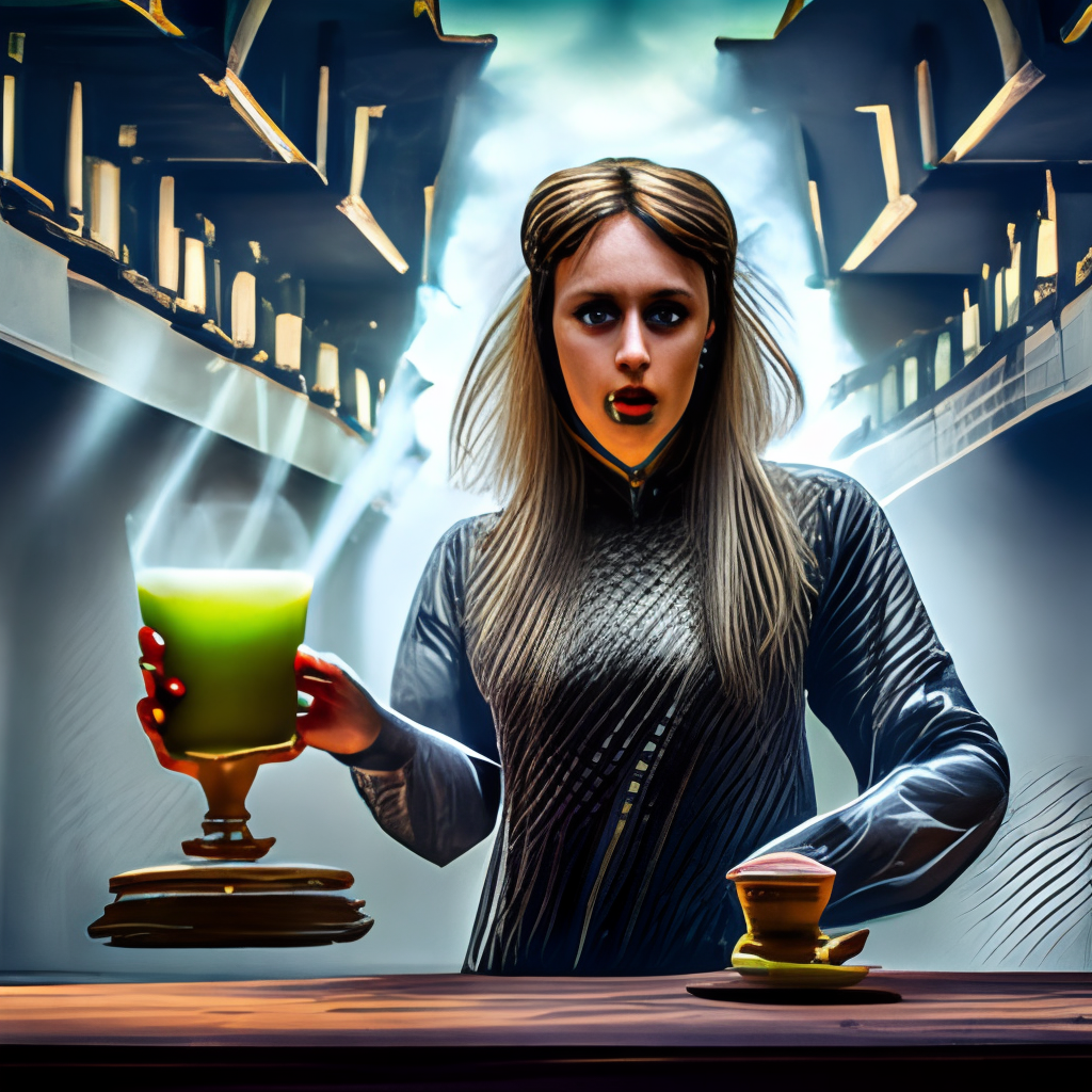large-eyed young woman holding steaming goblet