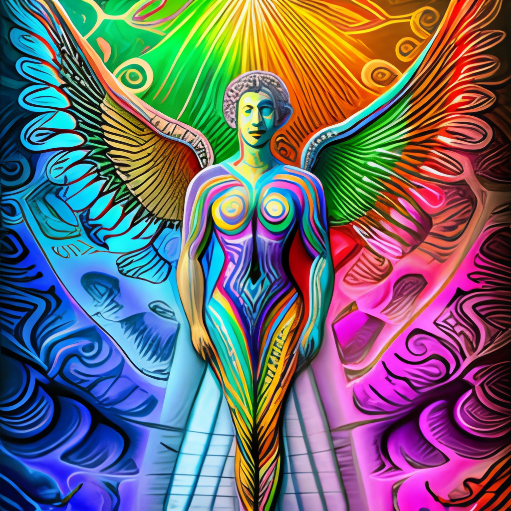 a detailed, vibrant, and colorful angel with ornate anatomy, created using divine technology and Terahertz frequency harmonics. The text is in Roman, bright ink on dark paper. The aspect ratio is 2:3, the quality is 2, the size is 1000, there are 24 colors, and the vibrancy is 5.