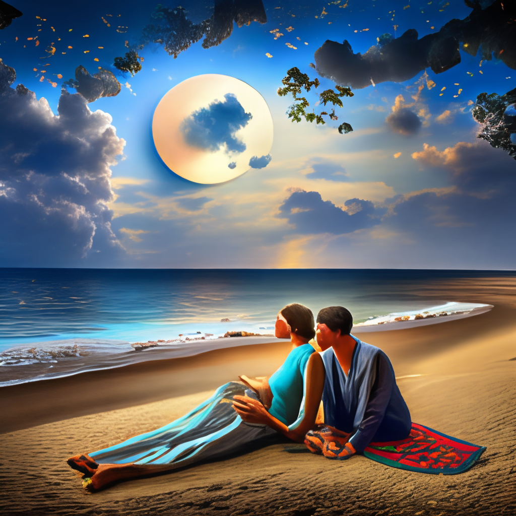 A couple sitting on a beach girls seeing the star and the moons and the kissing her on chicks