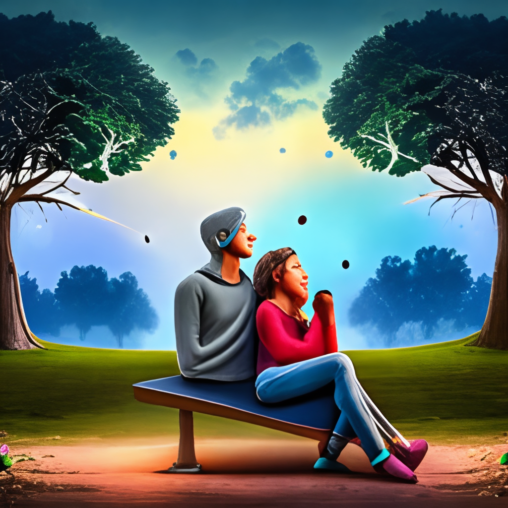 A couple sitting on a tree hearing music using earphone its  night time and star are there