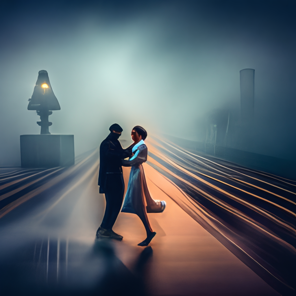 A couple dancing in fog during night
